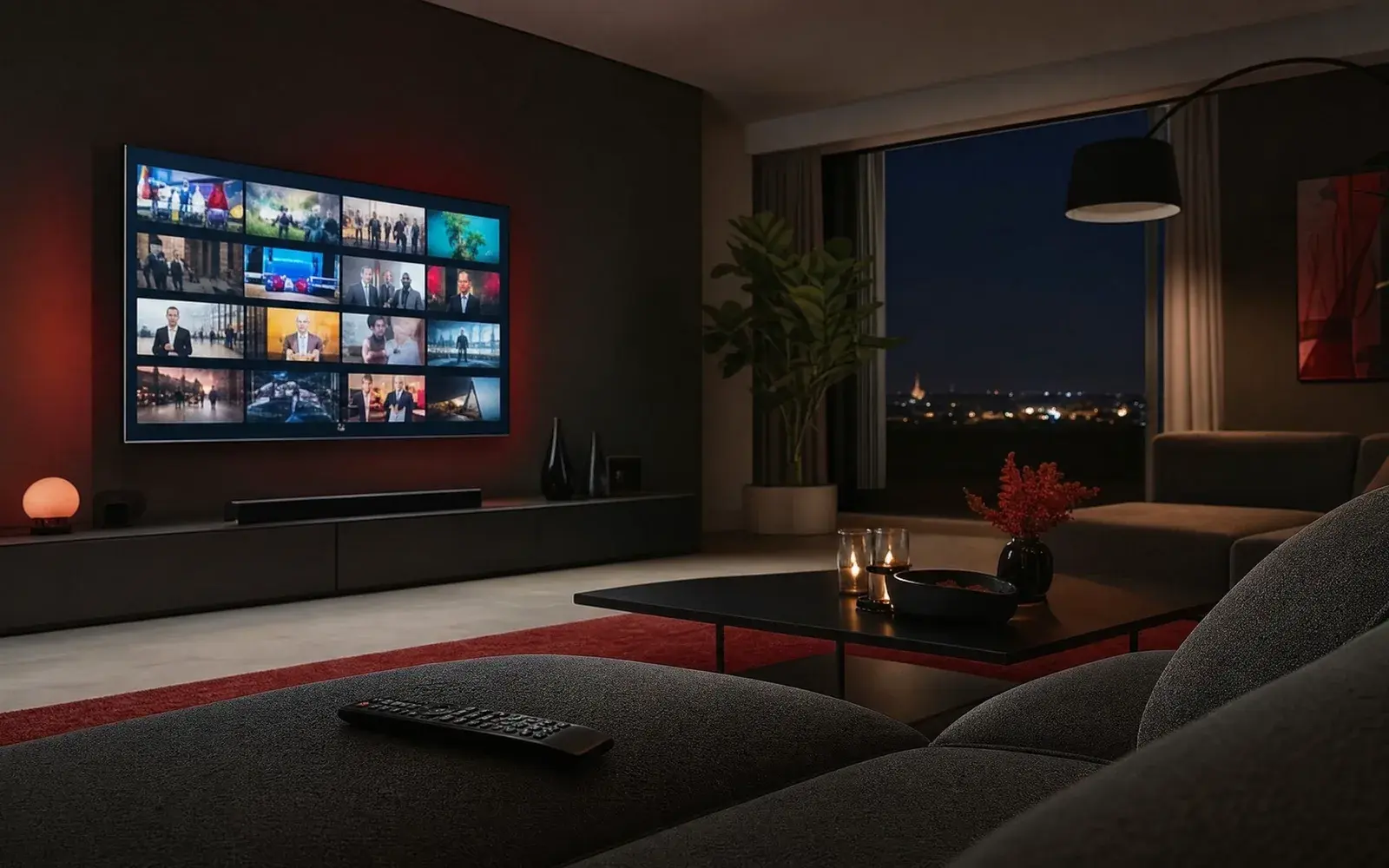 Salotto italiano serale con una grande Smart TV che mostra una griglia ordinata di canali, una liste IPTV funzionante con calcio, film e serie sempre attivi
