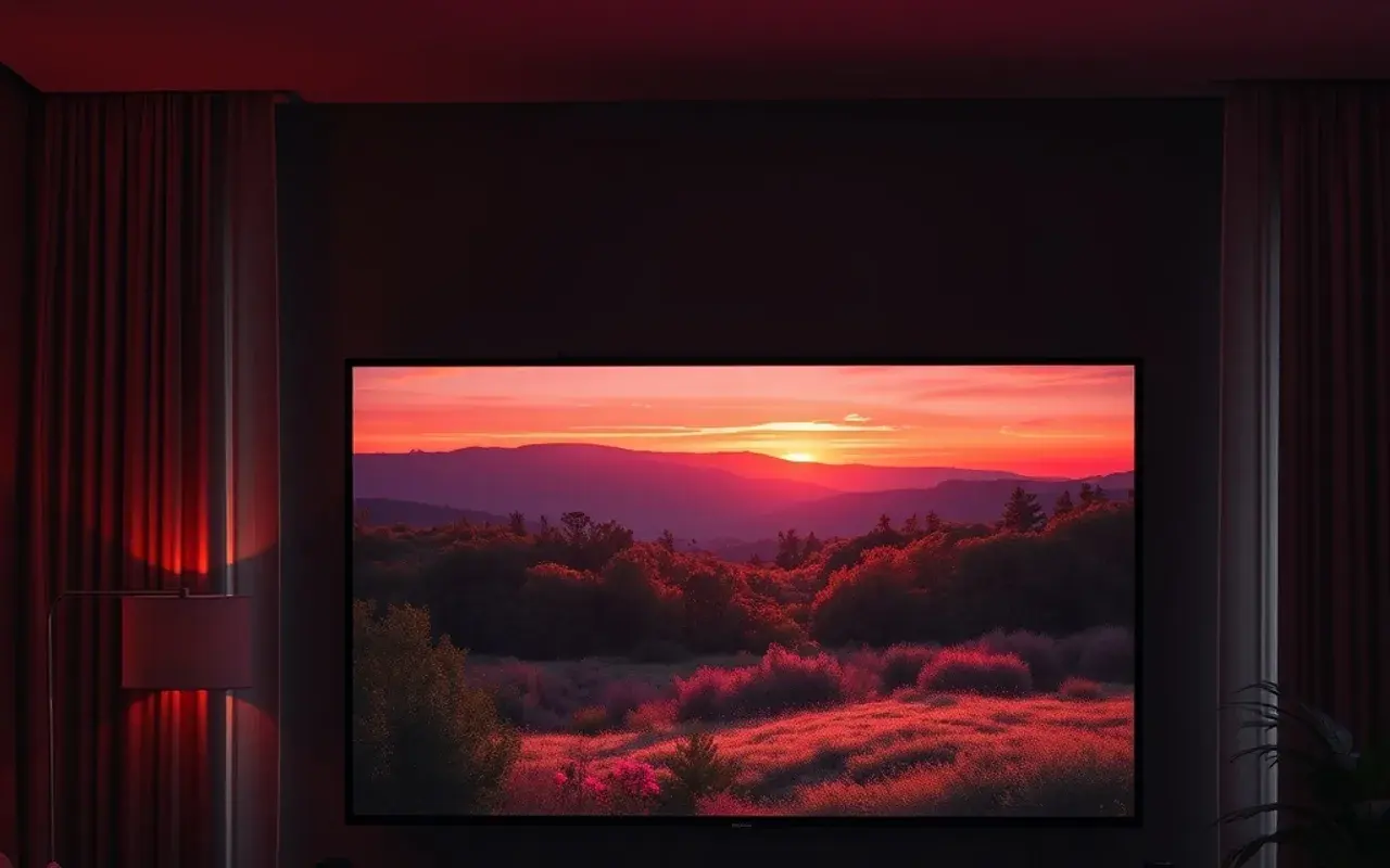 Grande televisore in un salotto scuro che mostra un’immagine nitida in alta definizione, illustrando la qualità di una liste IPTV funzionante