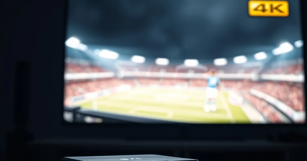 Android box IPTV collegato via cavo Ethernet davanti a una TV con luce blu soffusa in ambiente scuro e cinematico