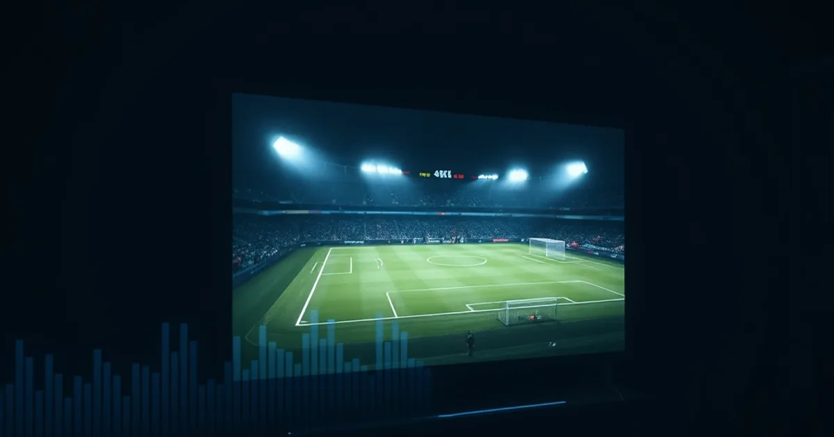 Televisore 4K acceso in una stanza buia con cavo Ethernet in primo piano e onde di dati luminose sullo sfondo