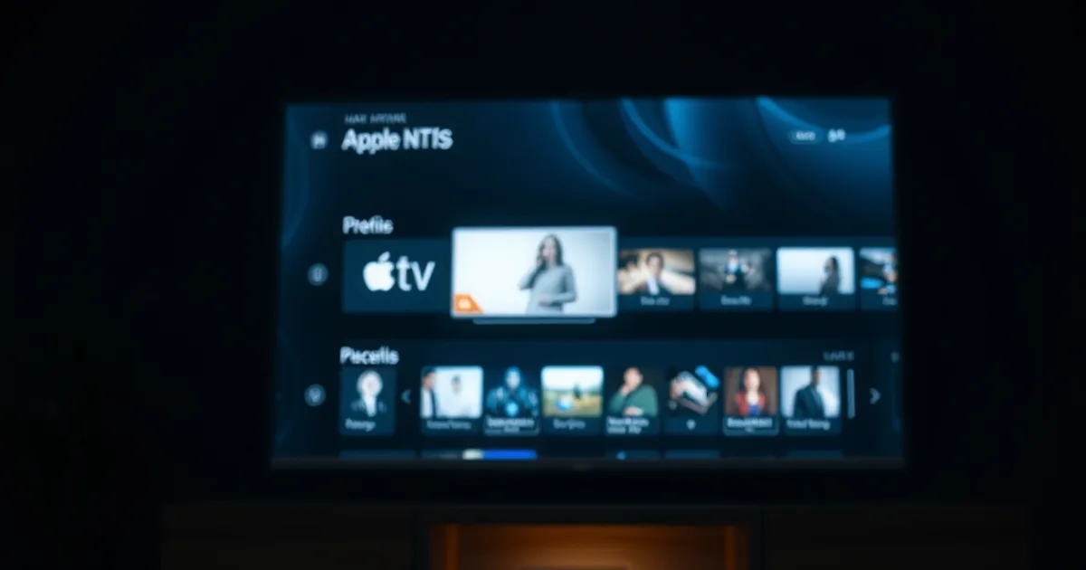 Apple TV e telecomando su un mobile in salotto al buio, con una guida canali illuminata sullo schermo TV sullo sfondo