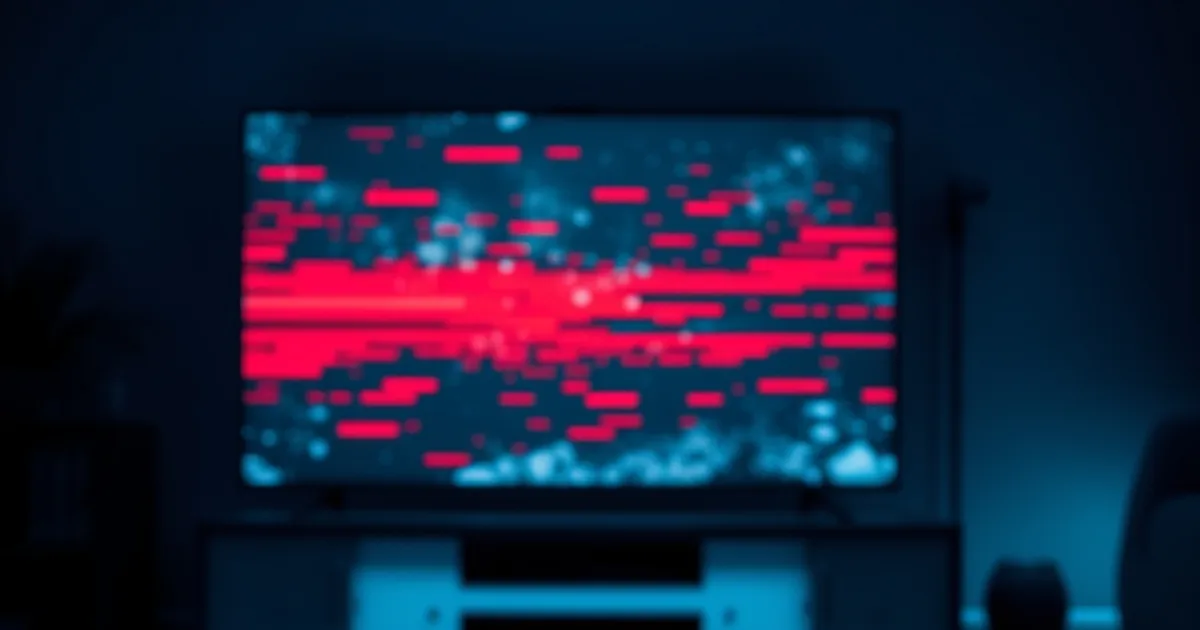 Schermo TV con uno stream IPTV pirata che si blocca e va in glitch rosso in un salotto buio, con uno smartphone acceso su un tavolo scuro accanto