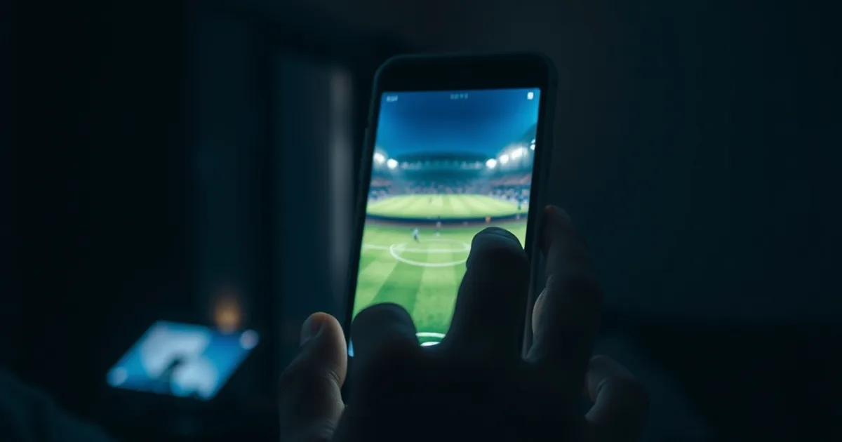 Mano che tiene un iPhone con una partita di calcio in streaming, in una stanza buia illuminata solo dallo schermo