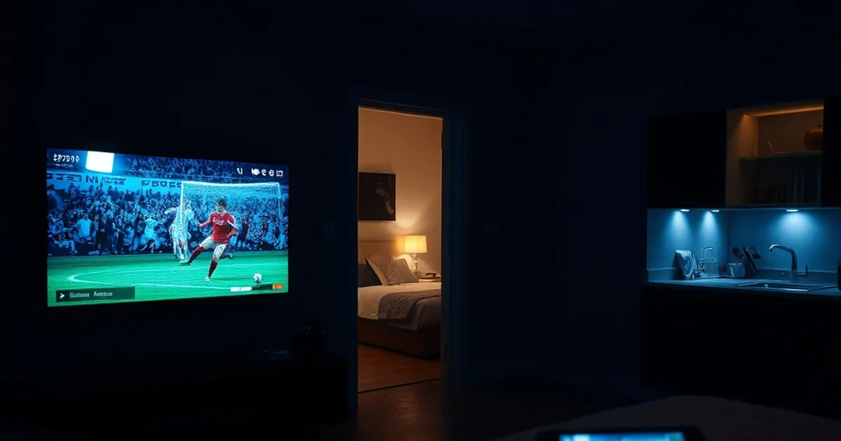 Tre schermi accesi contemporaneamente in una casa al buio, salotto, camera e cucina, ognuno che trasmette uno stream video in un'atmosfera cinematografica scura