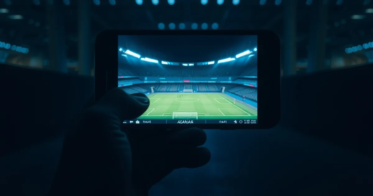 Smartphone che mostra un'interfaccia di streaming calcistico al buio, con luci blu di server sullo sfondo.