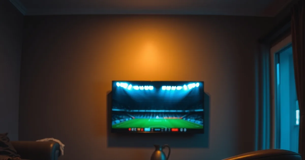 Salotto buio con televisore acceso su una scena calcistica sfocata e uno smartphone che mostra un avviso, atmosfera cinematografica sulla scelta tra DAZN e liste IPTV per la Serie A