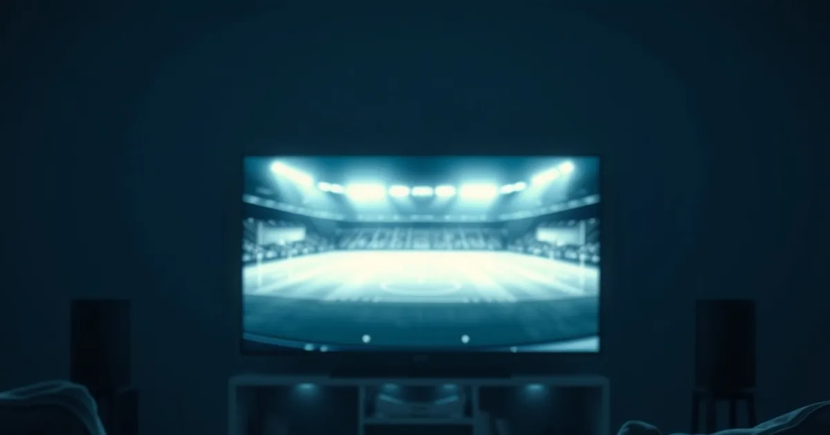 Salotto buio illuminato dallo schermo TV con un caricamento bloccato durante una diretta calcistica, atmosfera cinematografica