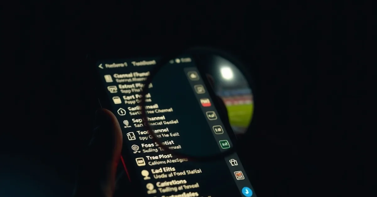 Smartphone in penombra con una lente d'ingrandimento puntata su un elenco di canali, riflesso di uno stadio di calcio sullo schermo