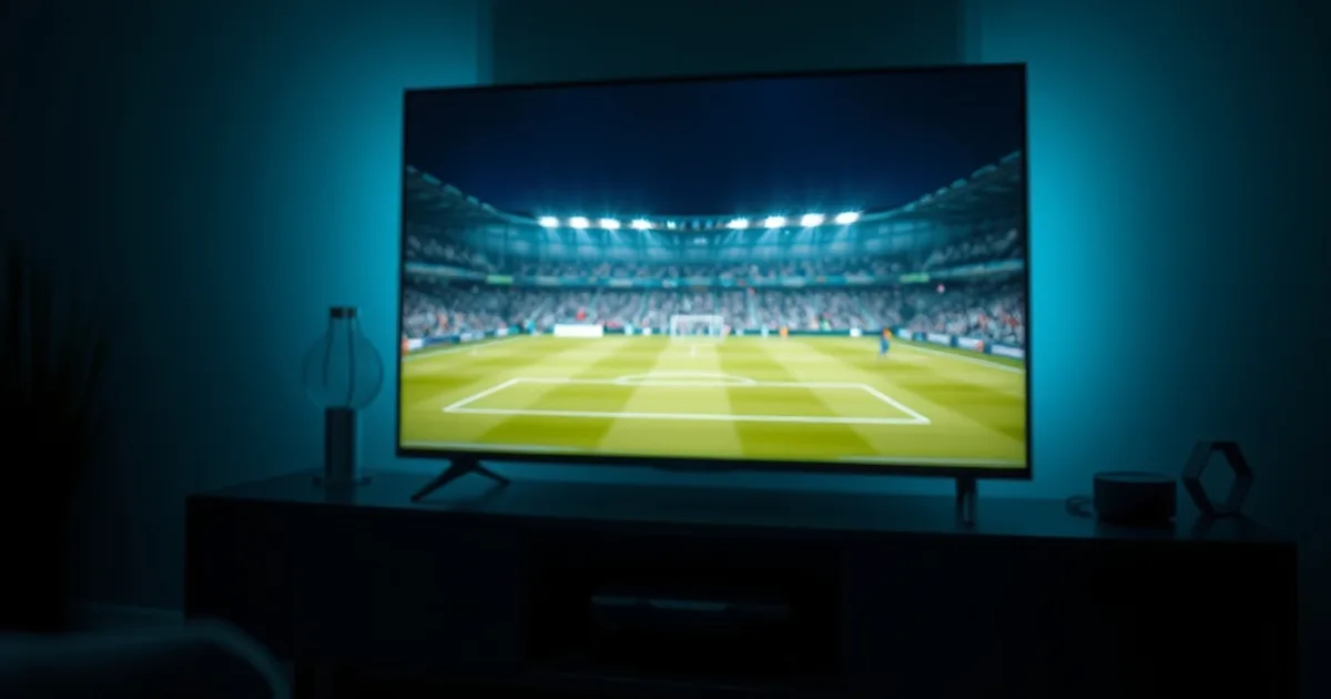 Salotto buio con una TV accesa che trasmette una partita di calcio in streaming, atmosfera cinematografica notturna