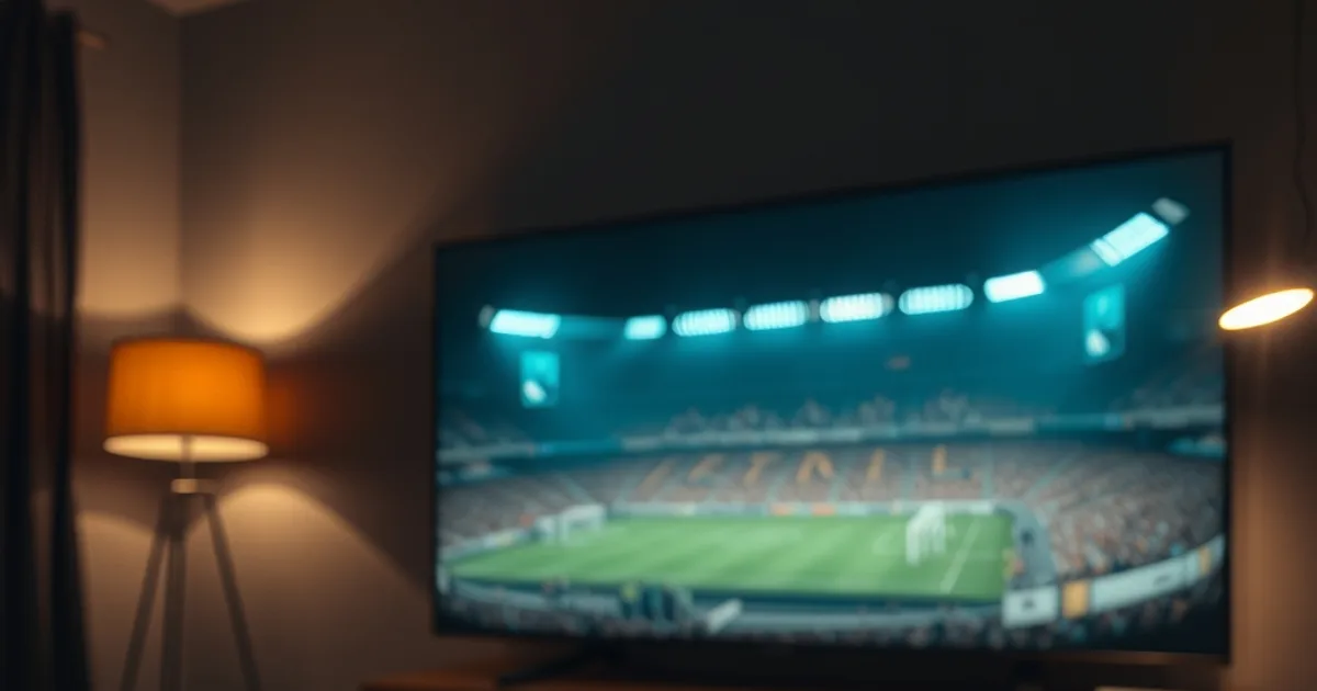 Salotto buio con TV che proietta la luce di uno stadio di calcio e uno smartphone in primo piano con un'icona di bilancia della giustizia