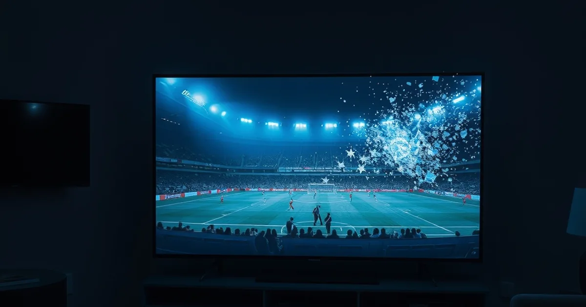 Televisore acceso in un salotto scuro con una partita di calcio che si trasforma in interferenze digitali su metà schermo, atmosfera cinematografica blu notte