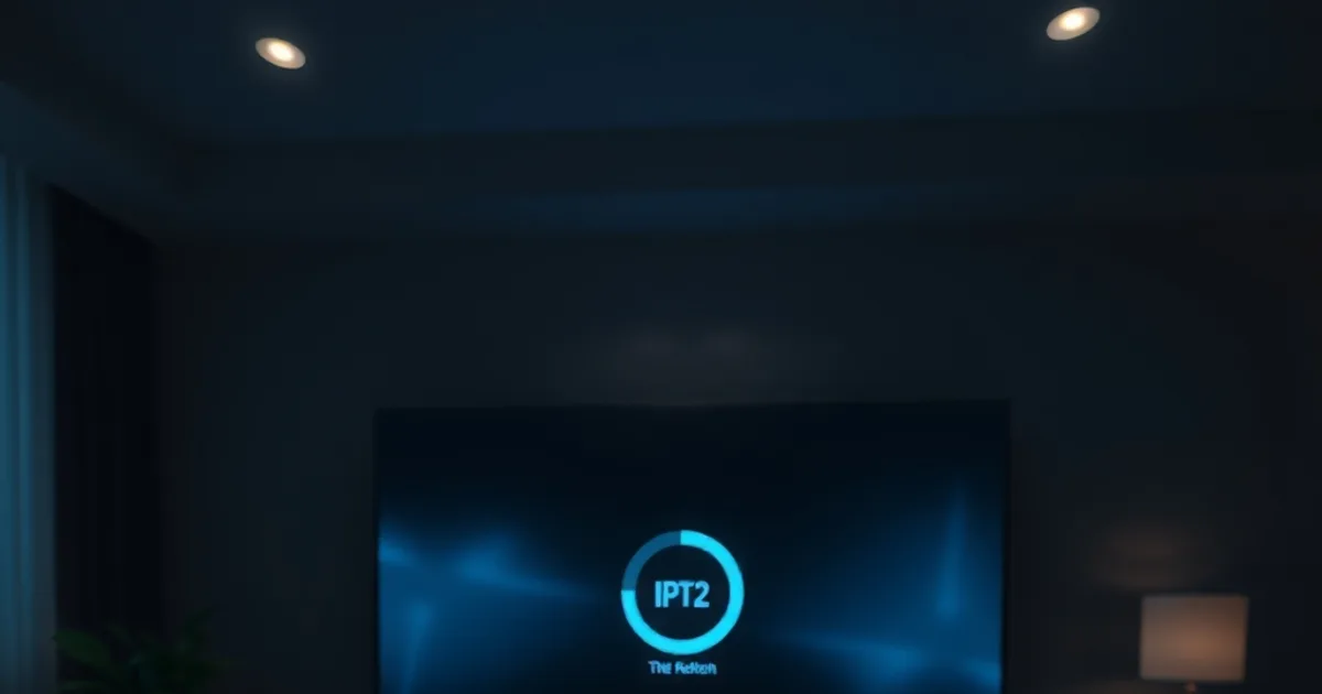 Salotto buio con TV che mostra un'app IPTV in fase di aggiornamento della lista, telecomando in primo piano