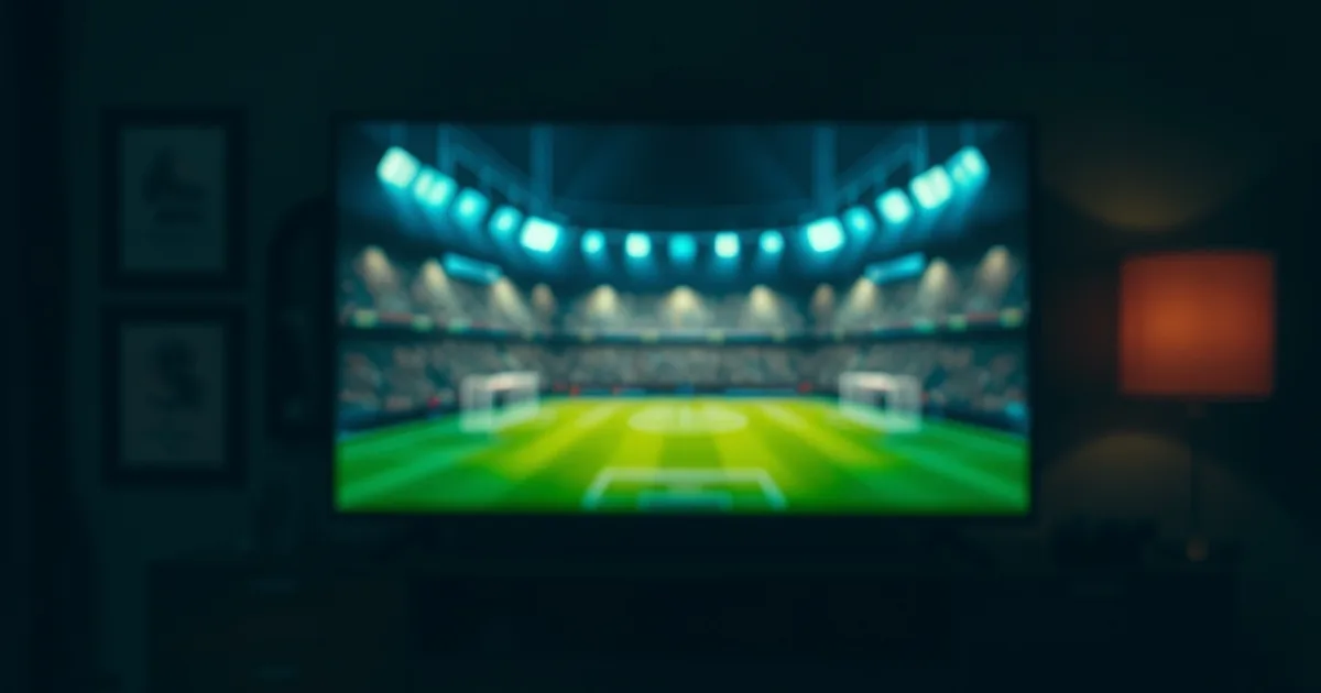 Salotto buio illuminato dalla luce di uno smartphone e di una TV accesi, con telecomando in primo piano, atmosfera da serata di calcio in streaming