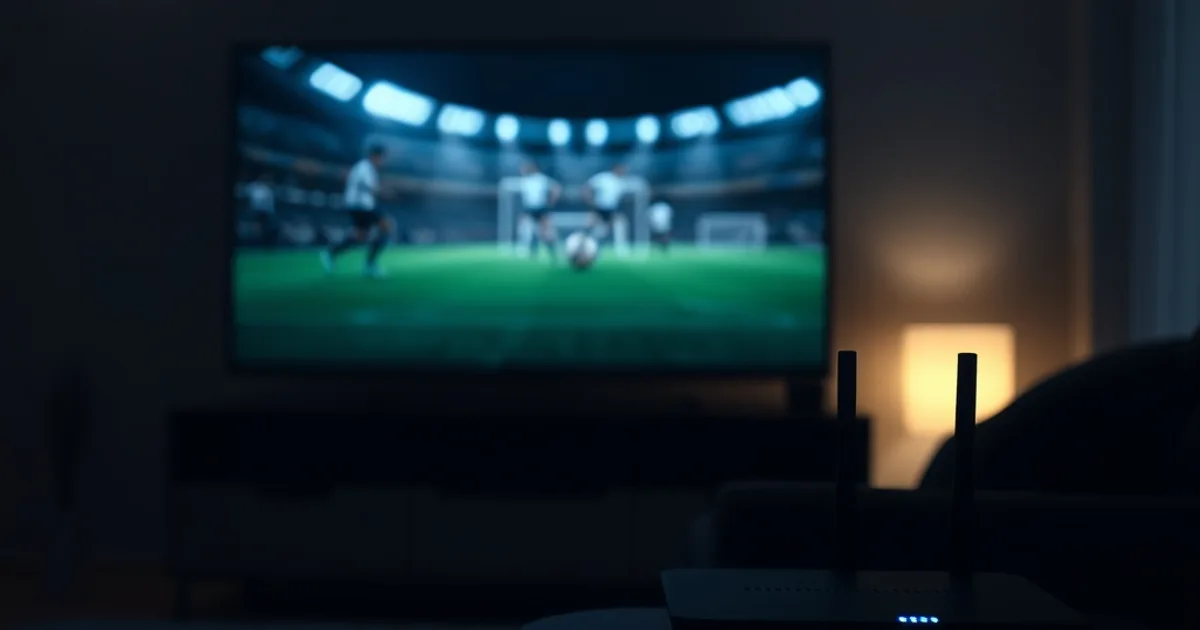 Salotto buio illuminato dalla luce blu di una TV accesa, con router e cavo Ethernet in primo piano, atmosfera cinematografica da sera di Serie A