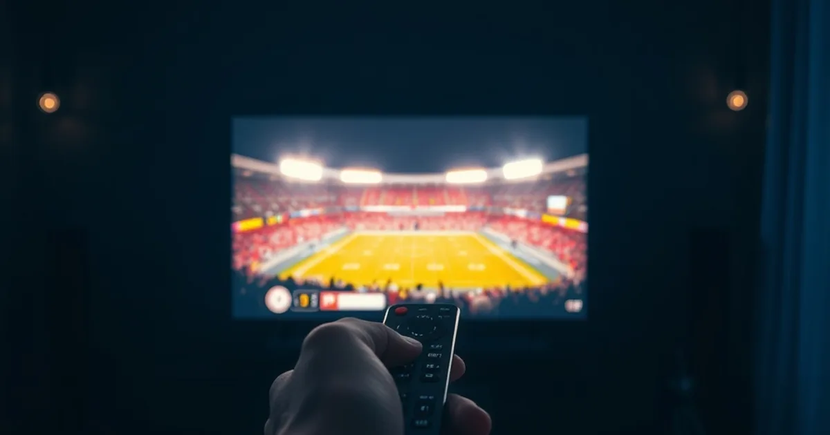 Telecomando puntato verso una Smart TV accesa in un salotto buio, con lo stadio illuminato sullo schermo, a rappresentare la scelta tra rischio e visione legale della Serie A.