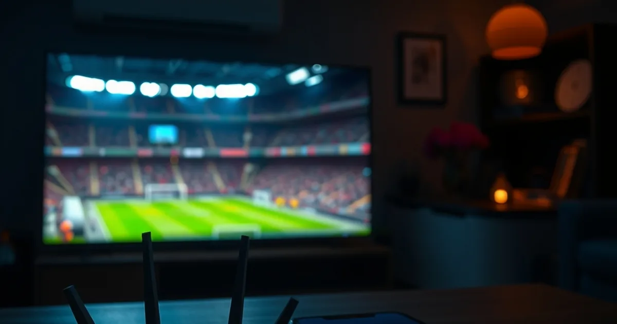 Salotto buio con router e dispositivi accesi in primo piano, mentre sullo sfondo la TV trasmette una partita di calcio poco prima del calcio d'inizio.