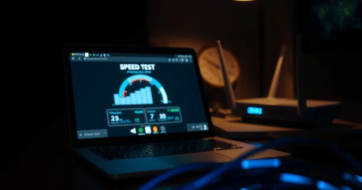 Schermo con un grafico di test di velocità e router con luci blu in una stanza buia, cavo in fibra ottica illuminato in primo piano