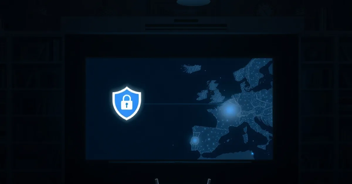 Salotto buio illuminato dallo schermo TV con un'icona di scudo/lucchetto luminoso e flussi di dati cifrati che collegano il router alla TV
